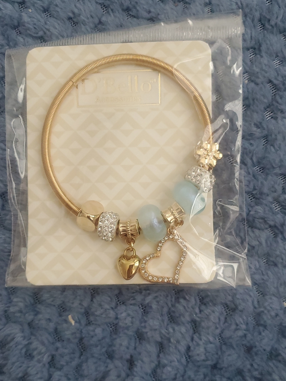 Gold-Tone Bracelet with Light Blue Beads & Heart Charms